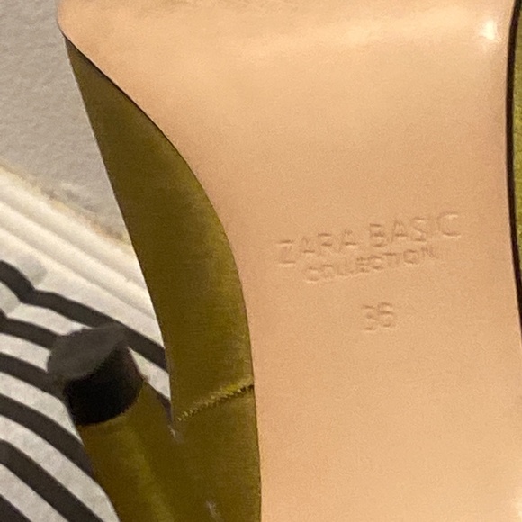 ZARA BASIC CHARTREUSE SATIN BOW HEELS SZ 36 SATEEN FORMAL WEDDING TUXEDO CHURCH - Picture 14 of 16